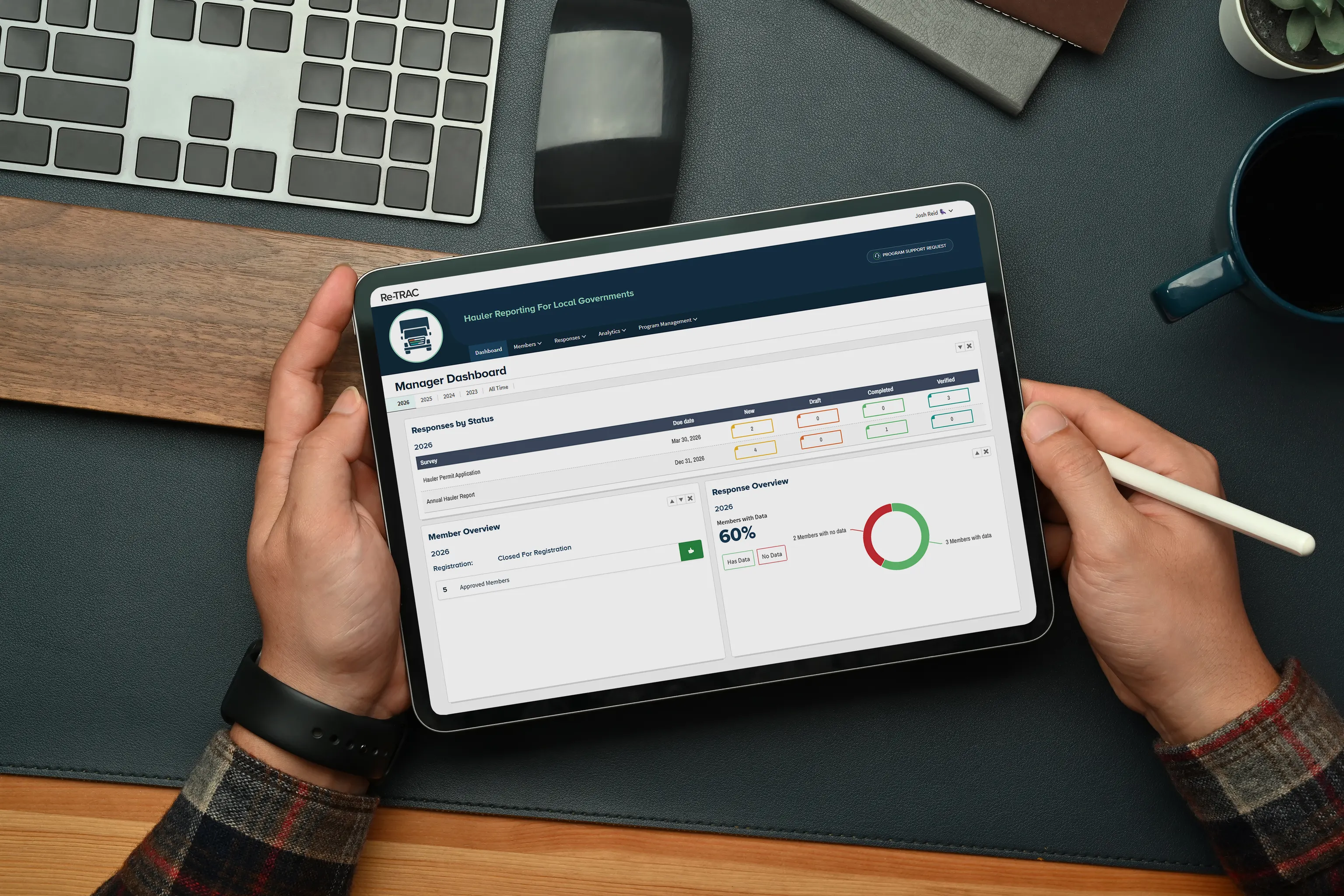 Re-TRAC manager dashboard for waste reporting, open on a tablet